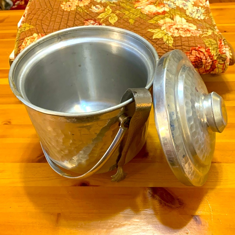 Vintage hammered silver ice bucket with tongs, made in Italy, EUC